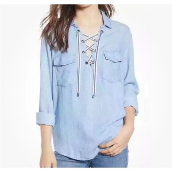 Rails Matea Lace Up V Neck Shirt Spread Collar Linen Blend Vintage Blue Sz M - Picture 1 of 12
